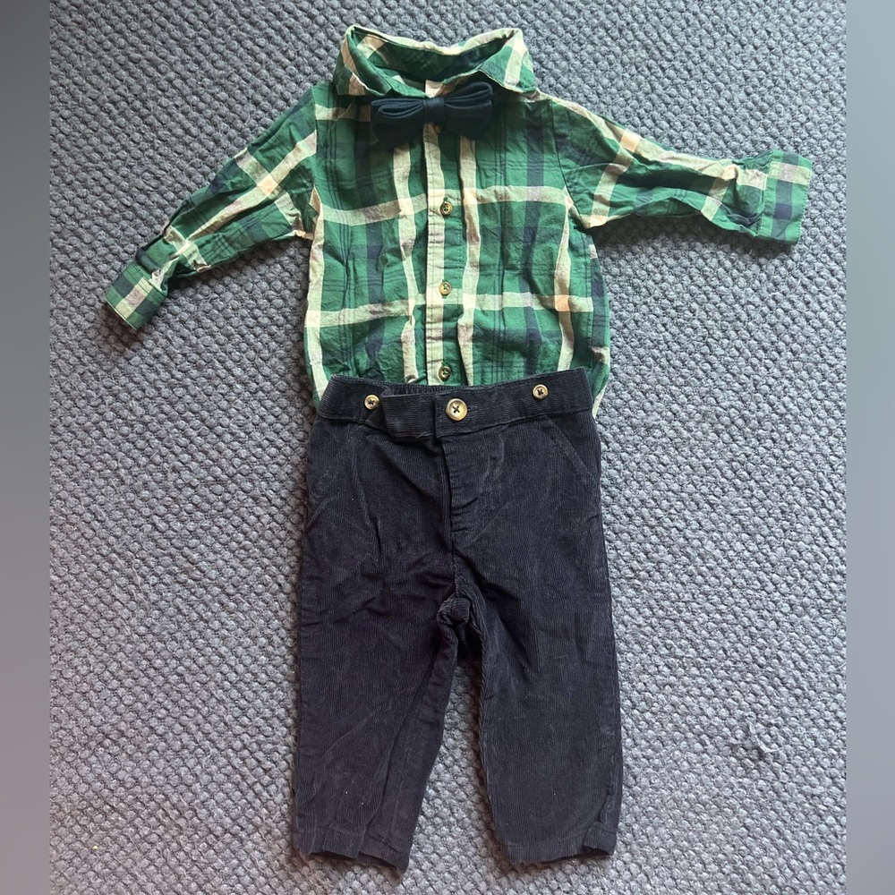 Carter's 3-pc Green Plaid Shirt with Navy Pants Navy Bow Tie Set